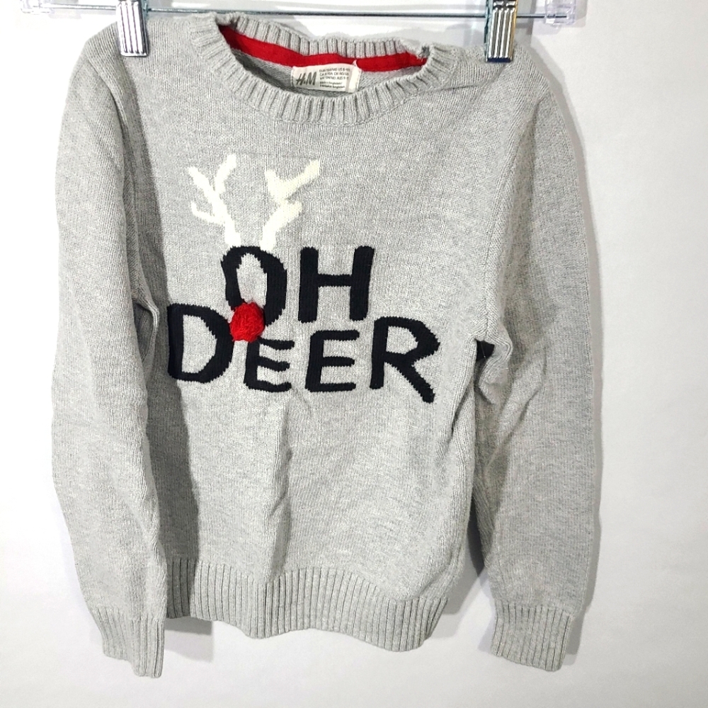 H &M Size 8-10Y Childs Oh Deer Christmas Rudolf Sweater Top Gray Black Red